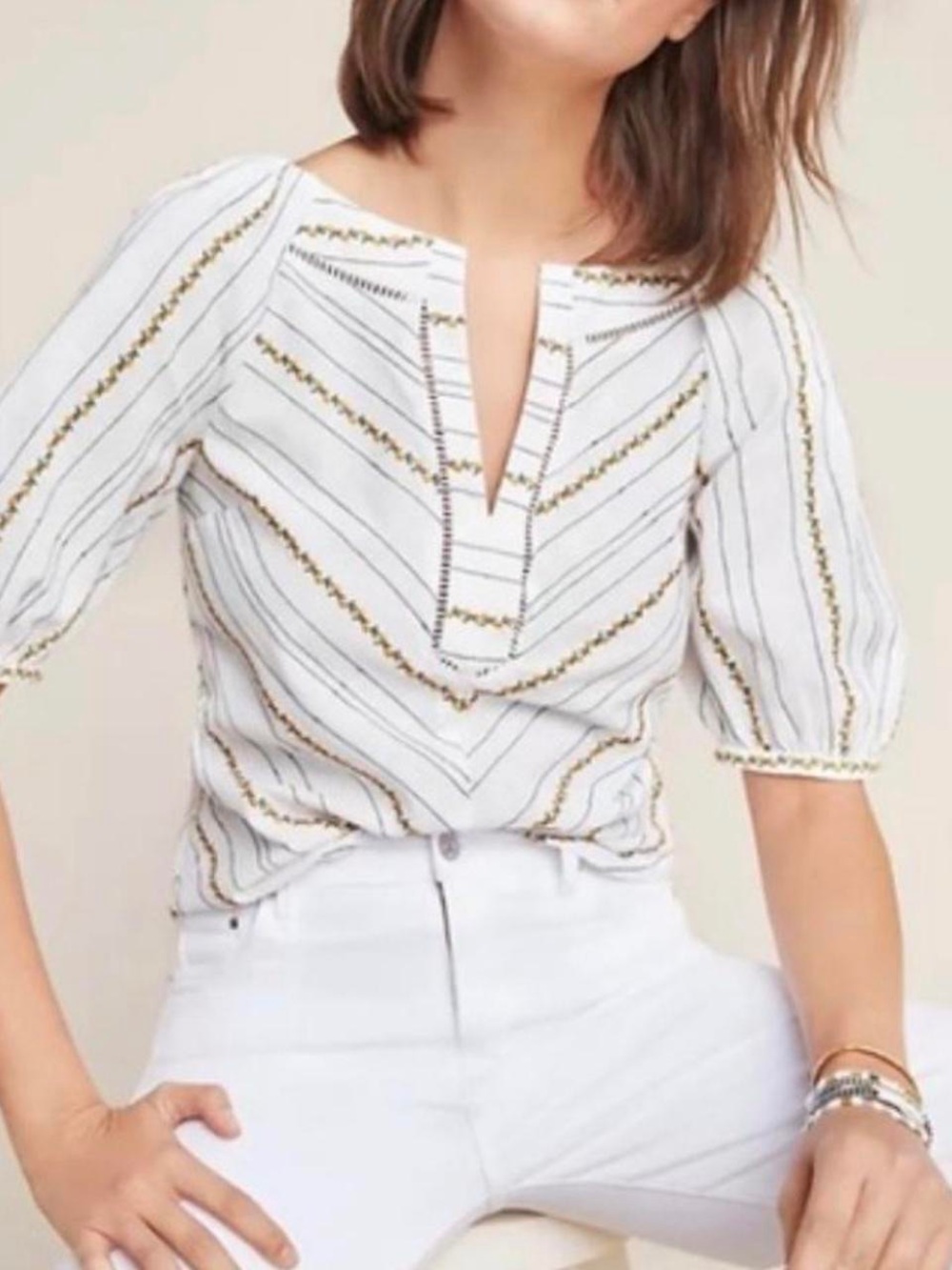 Anthropologie White Embroidered Split-Neck Women's Top
